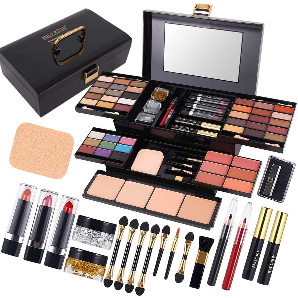 MISS ROSE M open palette showing all 58 shades, versatile kit for travel