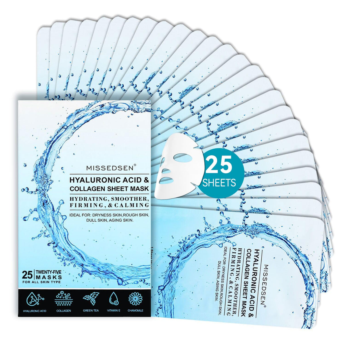 MISSEDSEN front packaging showing 25 sheet masks for convenient skincare