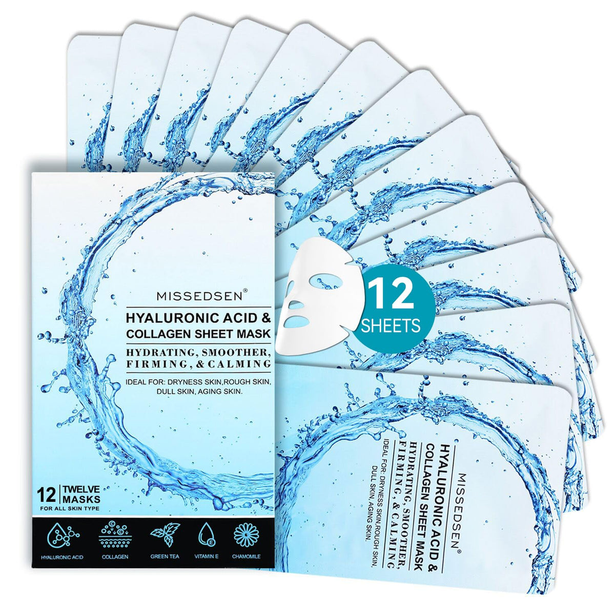 MISSEDSEN front packaging showing 12 masks and benefits