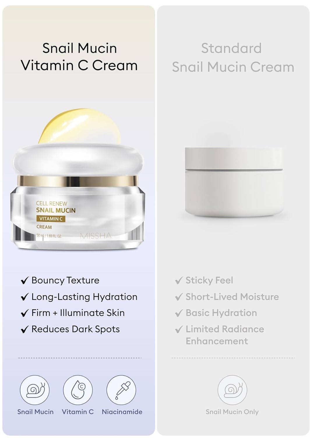 MISSHA ingredient label view, displays snail mucin and Vitamin C transparency benefit