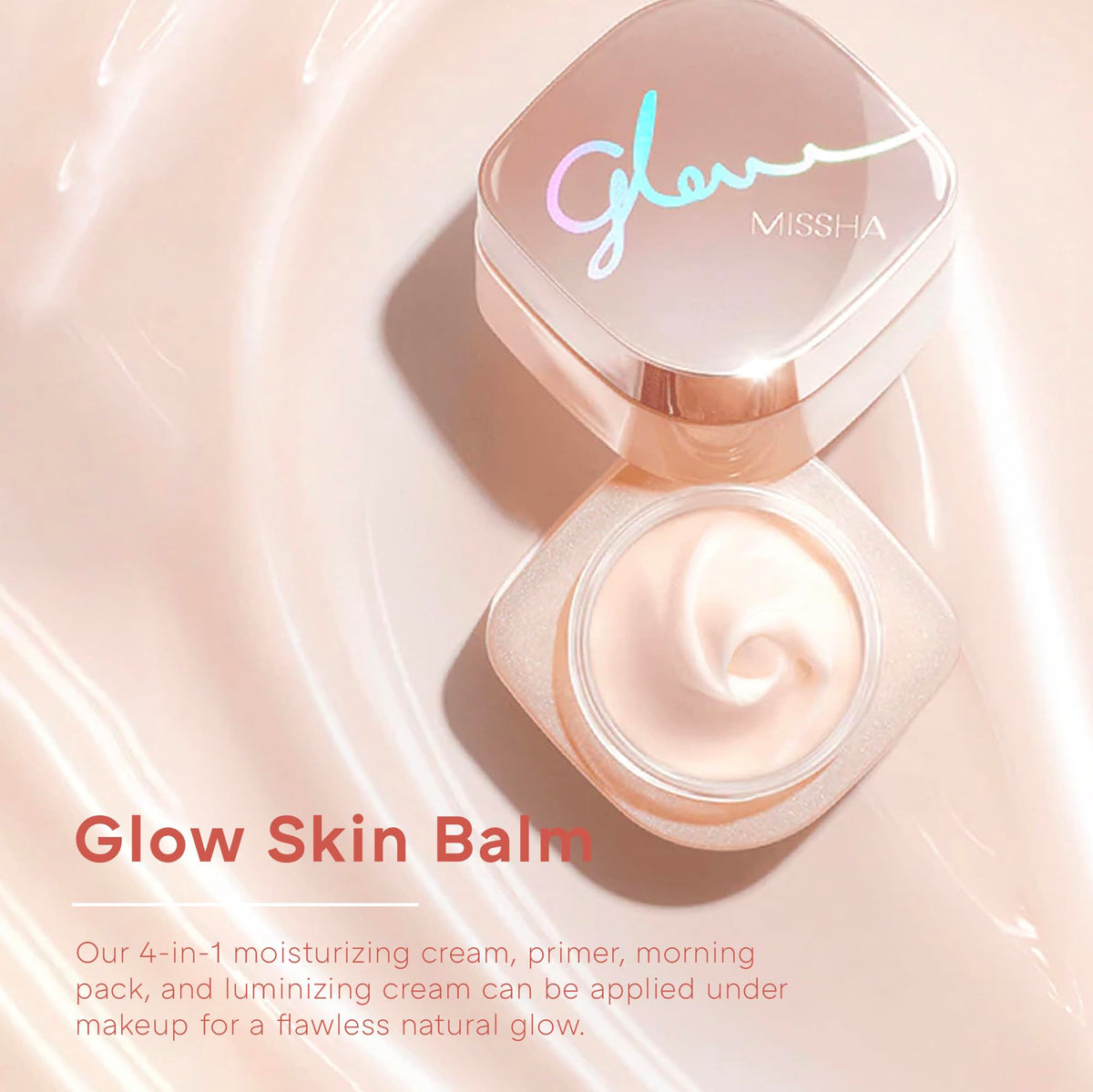 MISSHA balm swiped on cheek demonstrating radiant hydration benefit