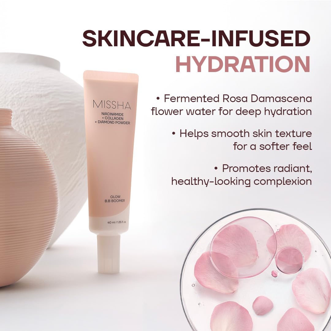 MISSHA M BB Boomer applied with fingertips showing easy blendability and natural dewy result