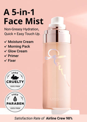 MISSHA mist spraying in air over face creating luminous finish benefit instant glow