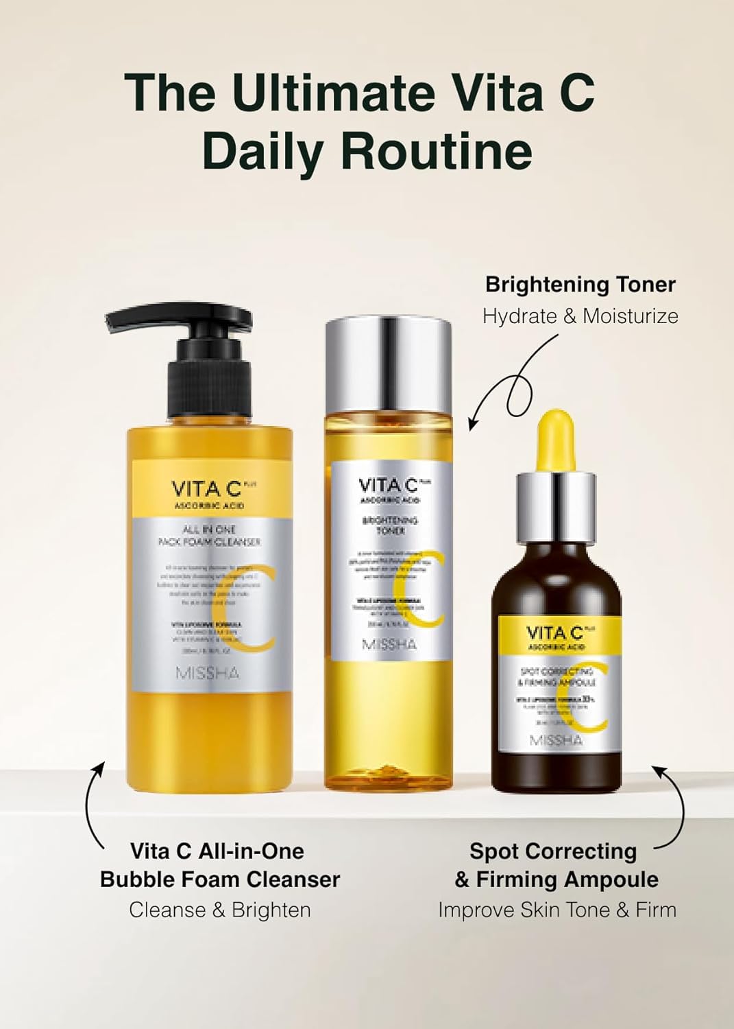 MISSHA on bathroom vanity in lifestyle scene, suggests daily routine and refreshed skin