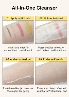MISSHA applied to dry face illustrating bubble formation and makeup-lifting action
