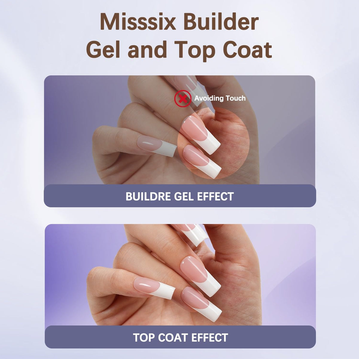 Misssix applying builder gel to French press-on nail to prevent chipping