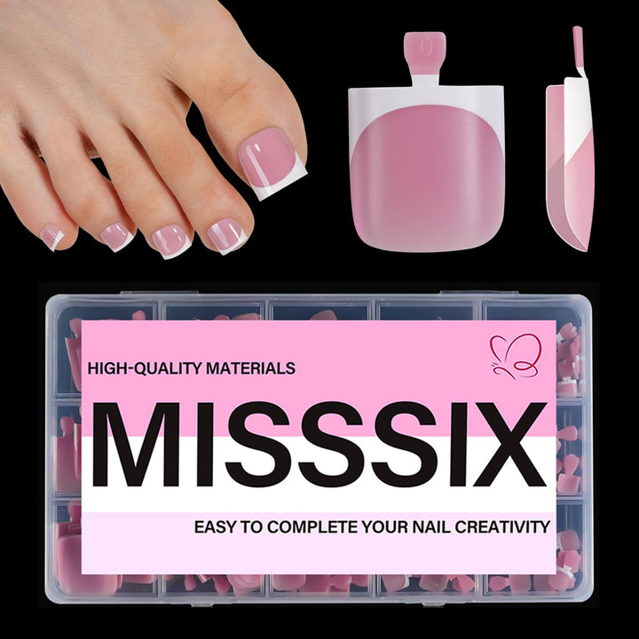Misssix front packaging showing 150-piece French square toe nails for easy at-home pedicures