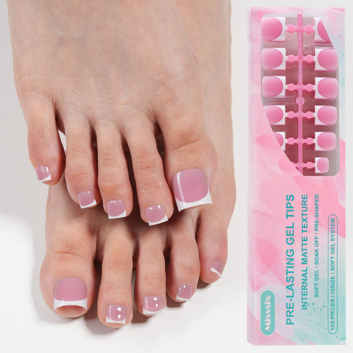 Misssix front packaging showing 150-piece French toe nail kit, quick salon results