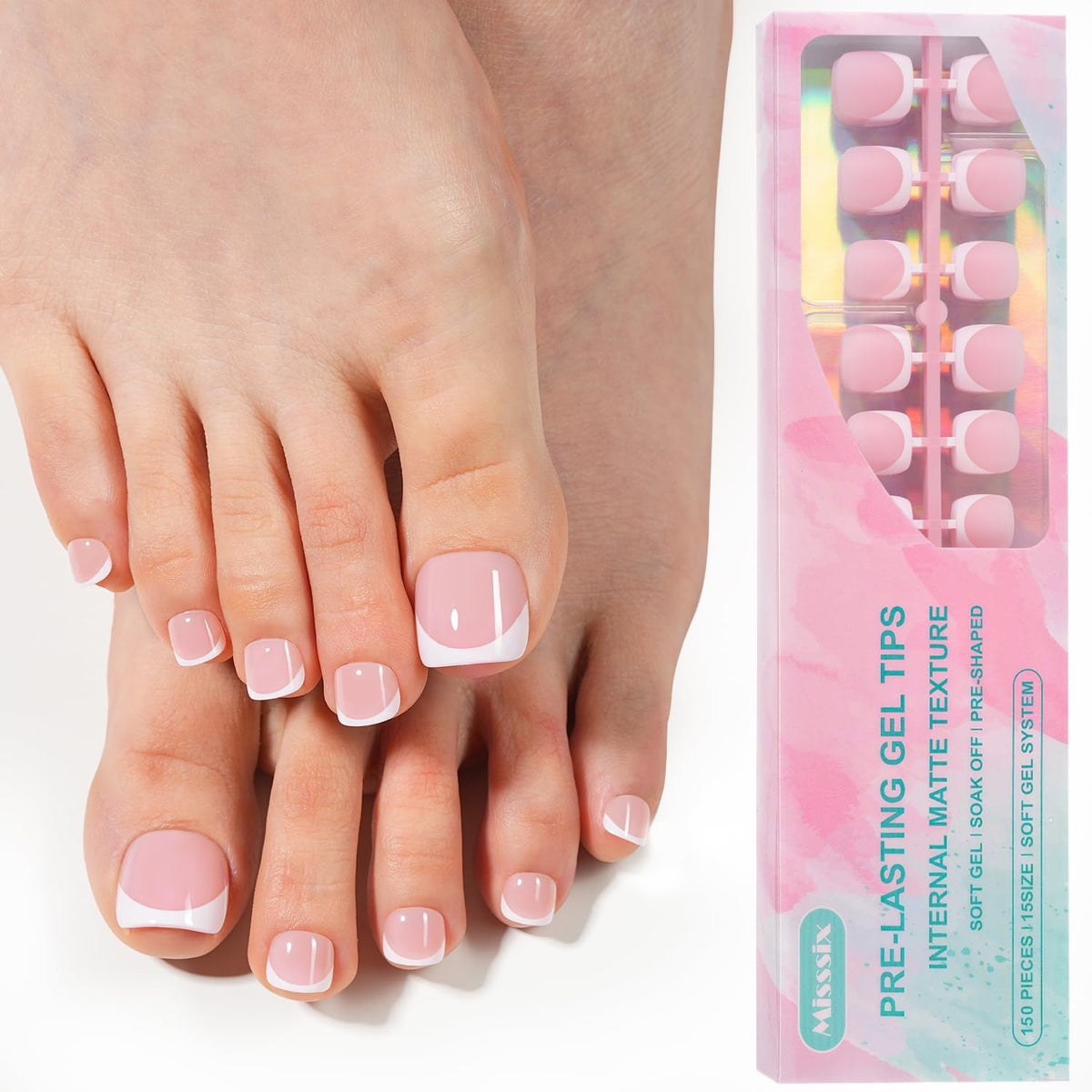 Misssix front packaging shows 150 pink French tips, convenient ready-to-use set