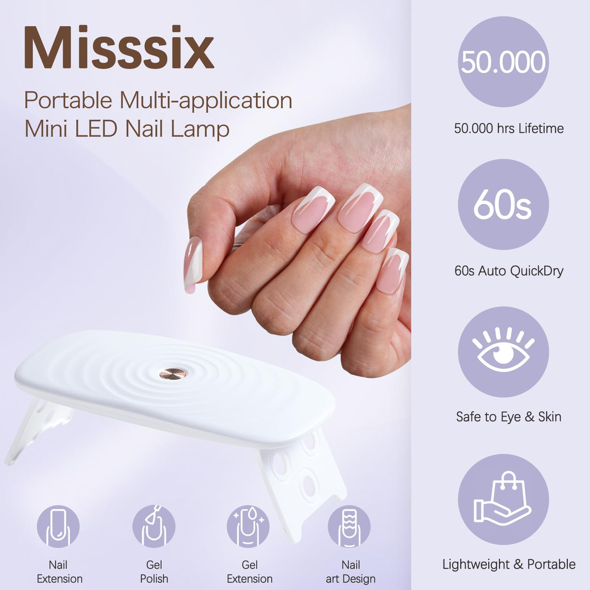 Misssix hand wearing applied short square French tips showing polished salon finish