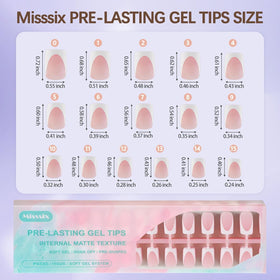 Misssix nails held between fingers showing scale and comfortable short square length