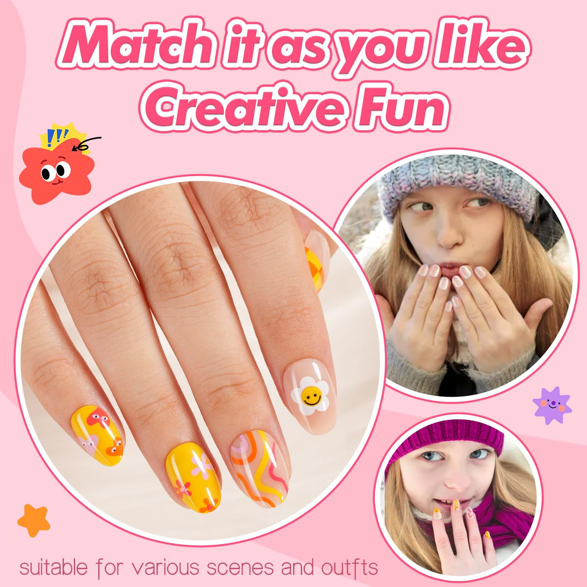 Misssix close-up of colorful flower and cartoon nail designs, vibrant options