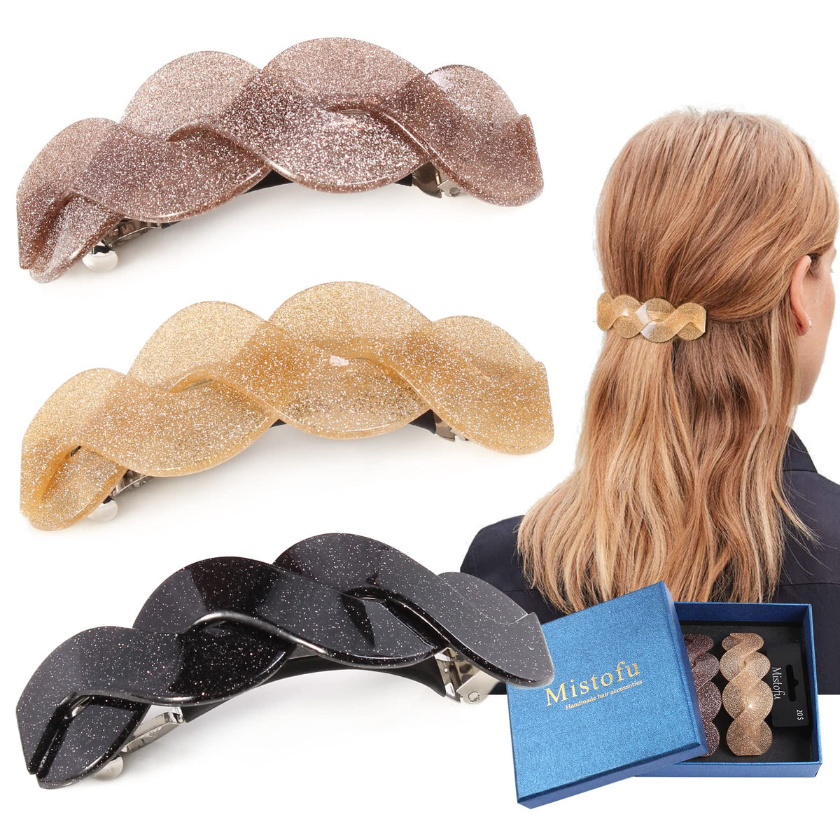 Mistofu front packaging showing three glitter barrettes and gift box, stylish presentation