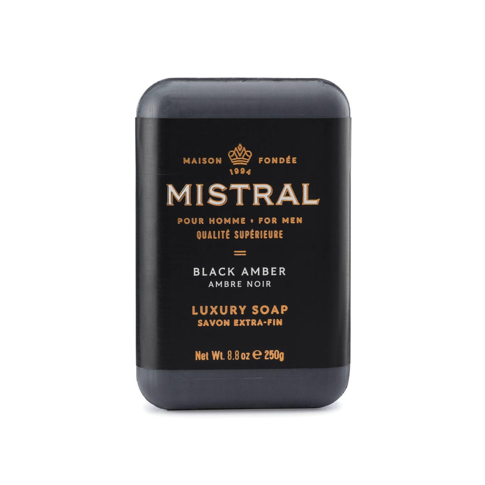 Mistral black amber front packaging showing brand and fragrance benefits