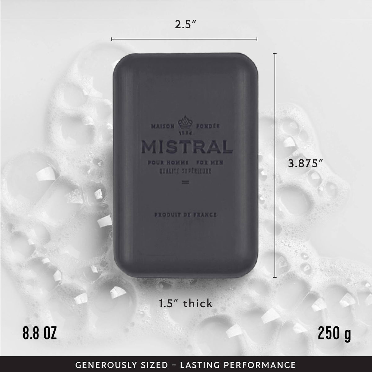 Mistral black amber rich lather in hand demonstrating moisturizing foam