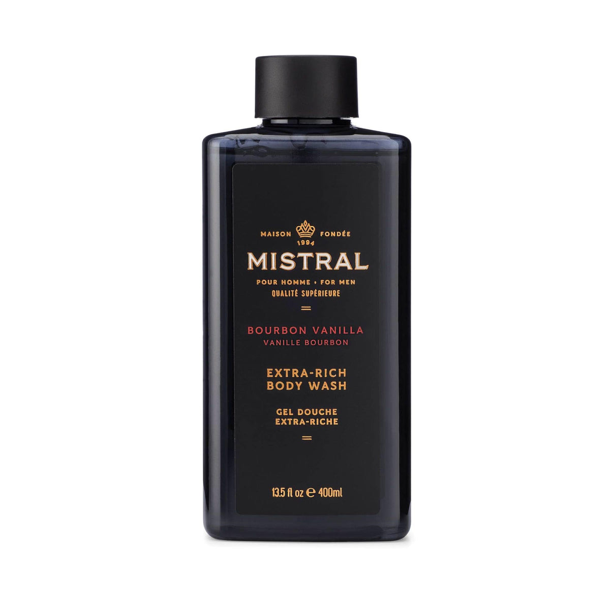 Mistral bottle front packaging showing bourbon vanilla scent and benefits