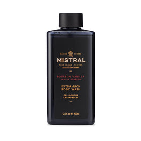 Mistral bottle front packaging showing bourbon vanilla scent and benefits