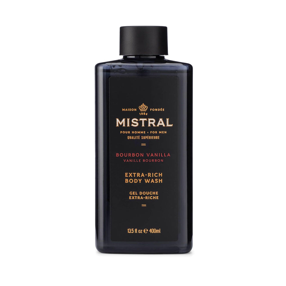 Mistral bottle front packaging showing bourbon vanilla scent and benefits