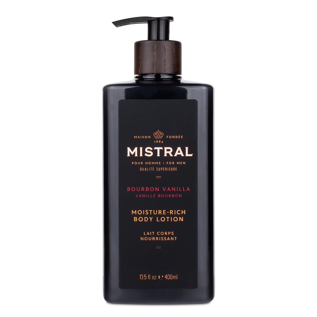 Mistral bottle front packaging showing bourbon vanilla scent and benefits