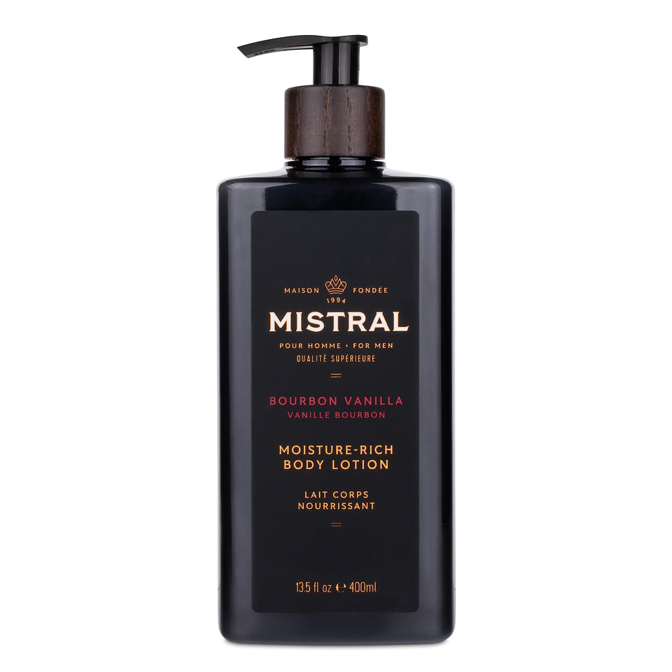 Mistral bottle front packaging showing bourbon vanilla scent and benefits