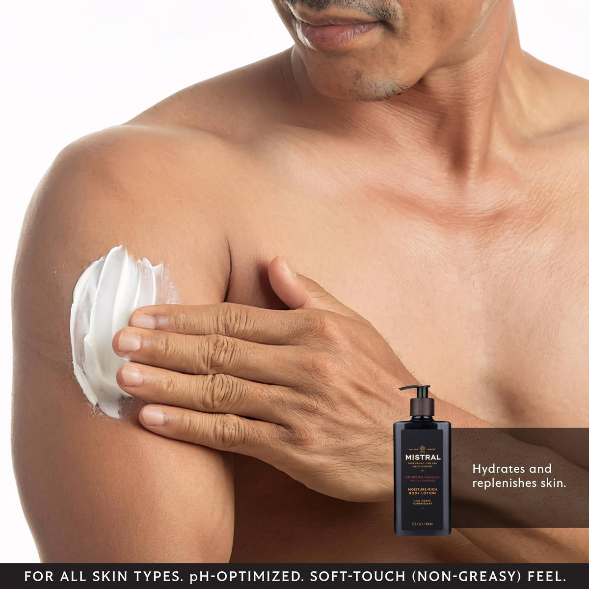 Mistral lotion applied after shower illustrating quick absorption and softness