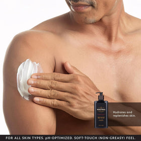 Mistral lotion applied after shower illustrating quick absorption and softness