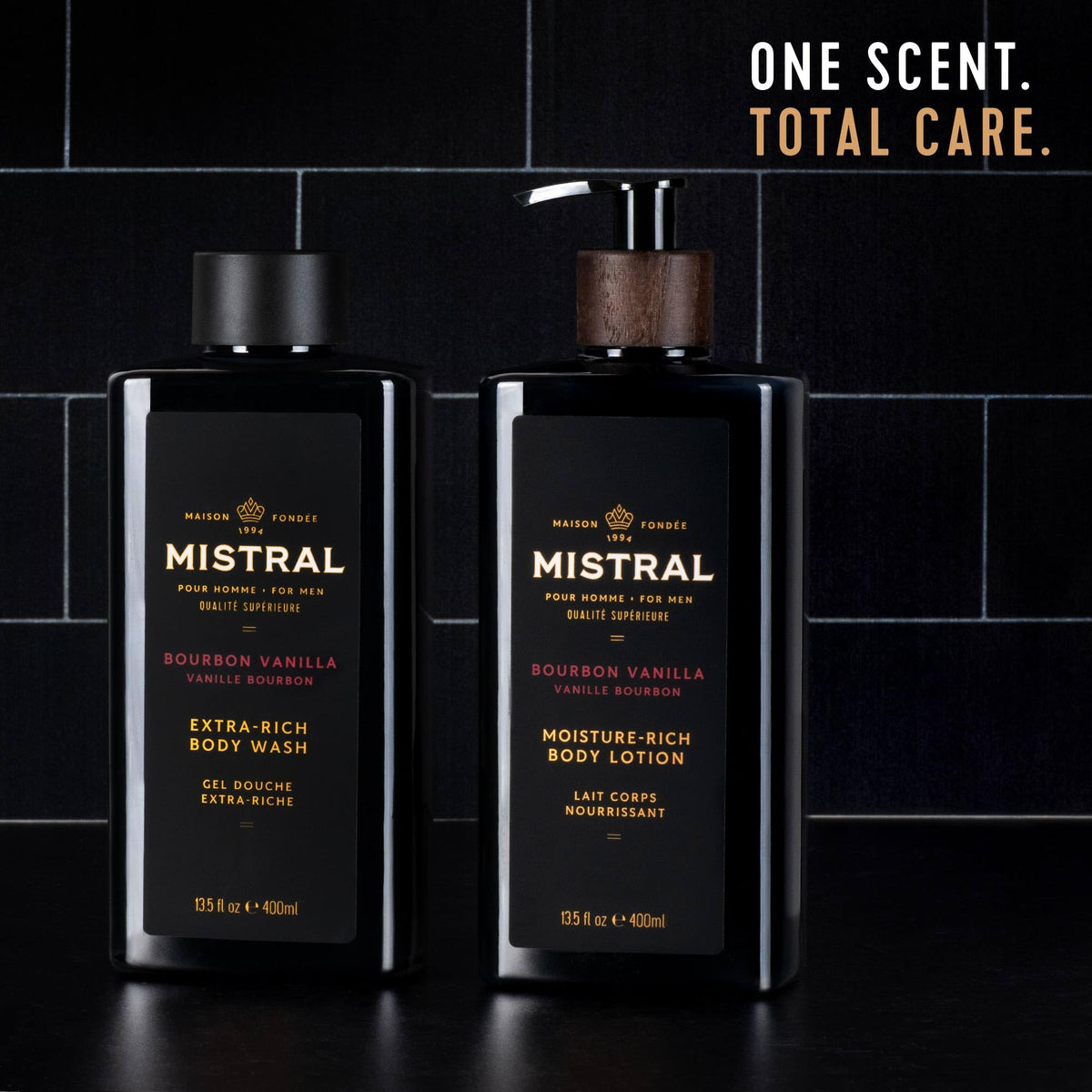 Mistral bottle on bathroom shelf in lifestyle scene enhancing grooming routine