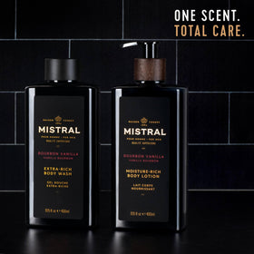 Mistral bottle on bathroom shelf in lifestyle scene enhancing grooming routine