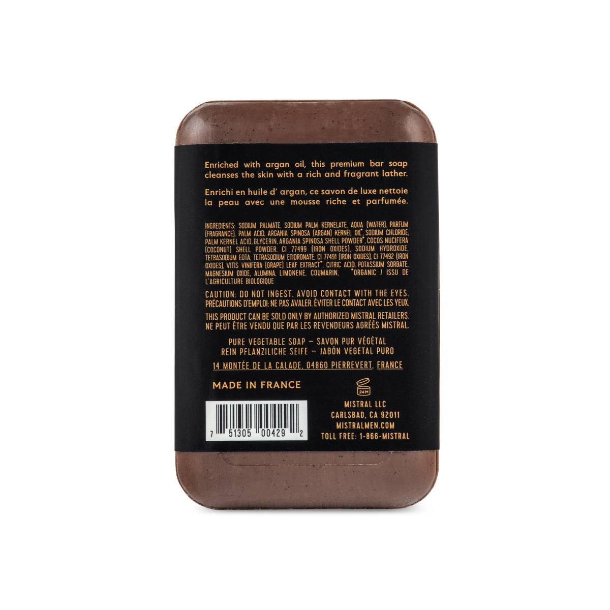 Mistral side label close-up highlighting ingredients and triple-milled claim