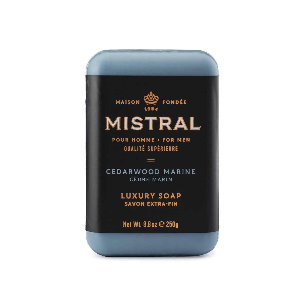 Mistral front packaging showing cedarwood marine scent and benefits