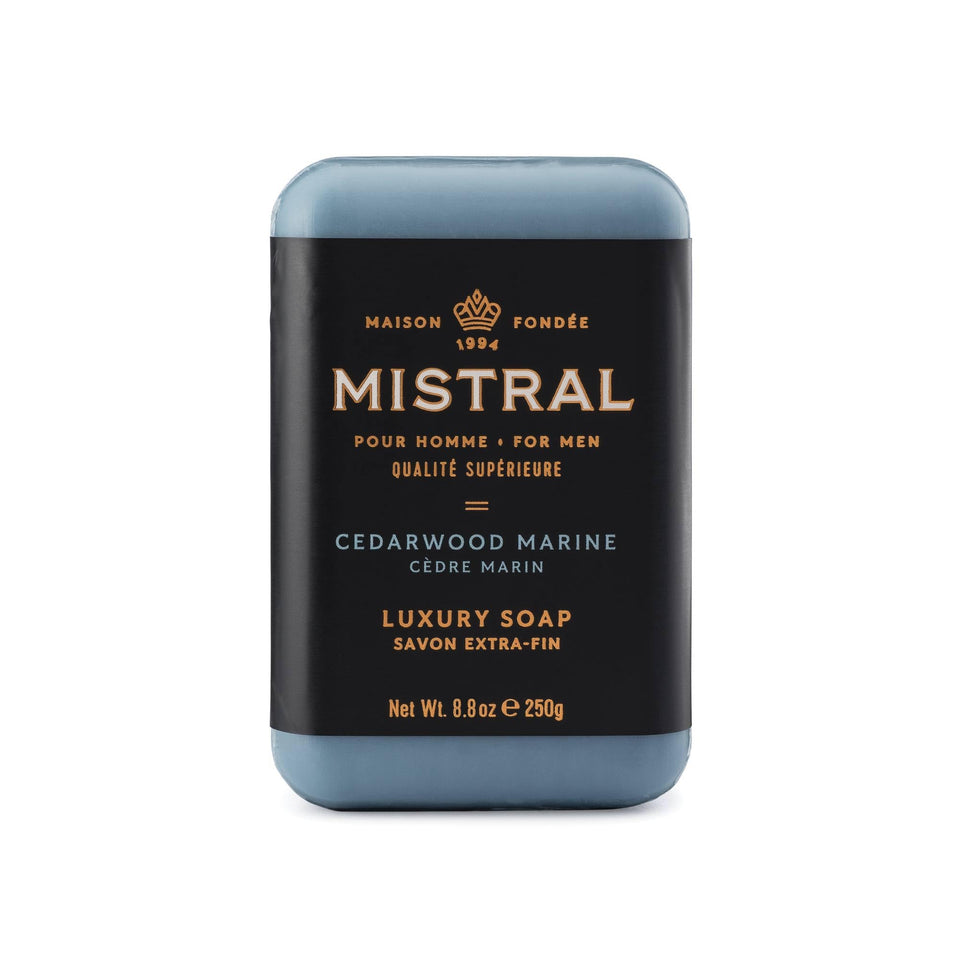 Mistral front packaging showing cedarwood marine scent and benefits