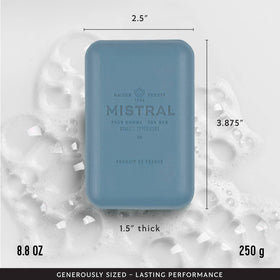 Mistral lather in hand demonstrating rich foam and moisturizing feel