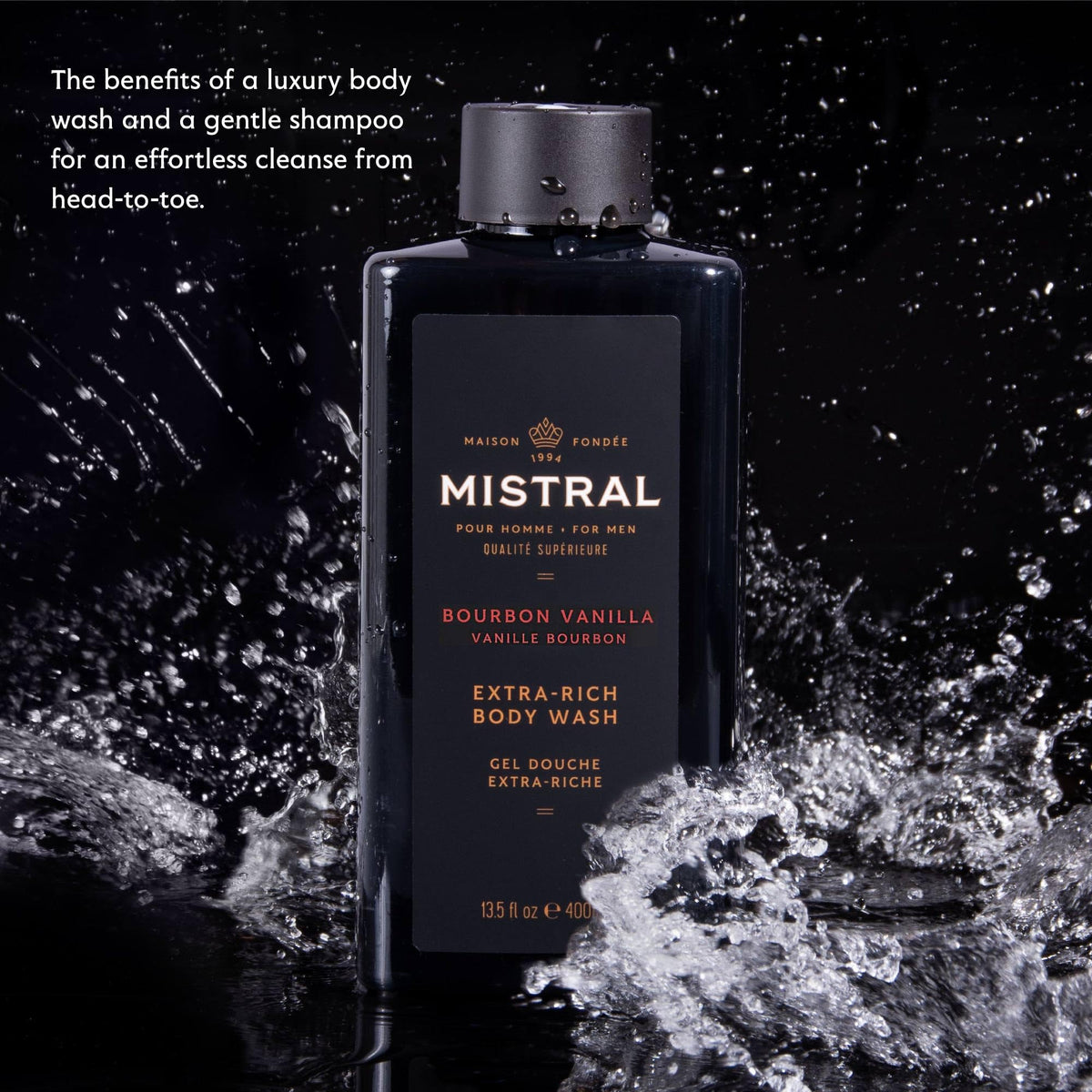 Mistral rich lather foam demonstrating cleansing power and gentle hydration