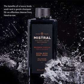 Mistral rich lather foam demonstrating cleansing power and gentle hydration