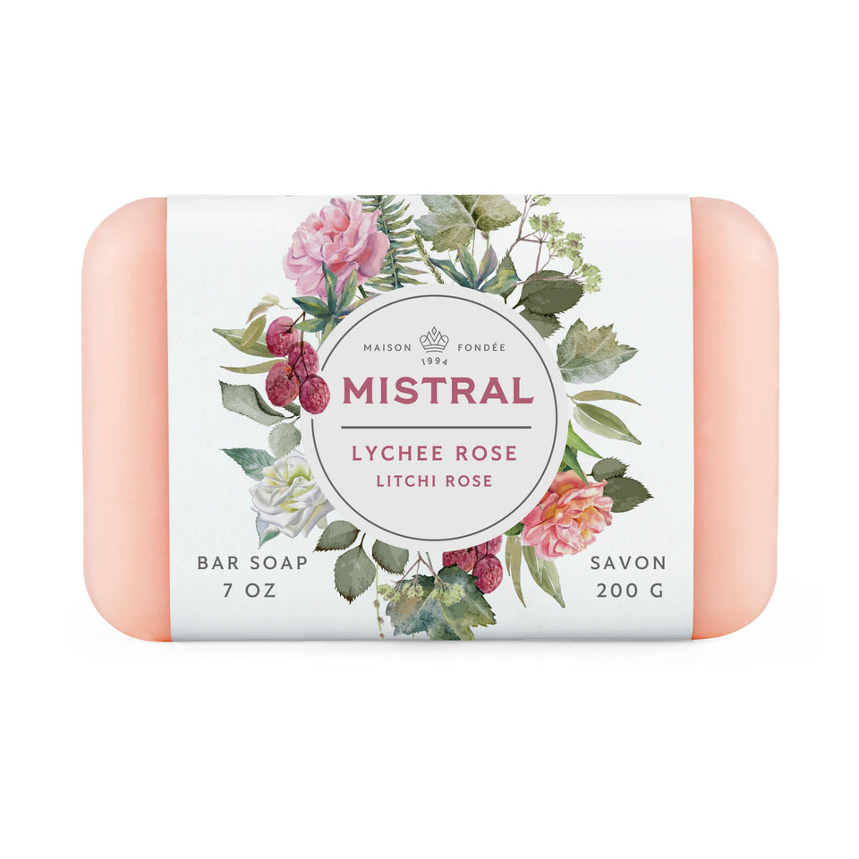 Mistral Lychee Rose front packaging showing elegant label and bar size benefit