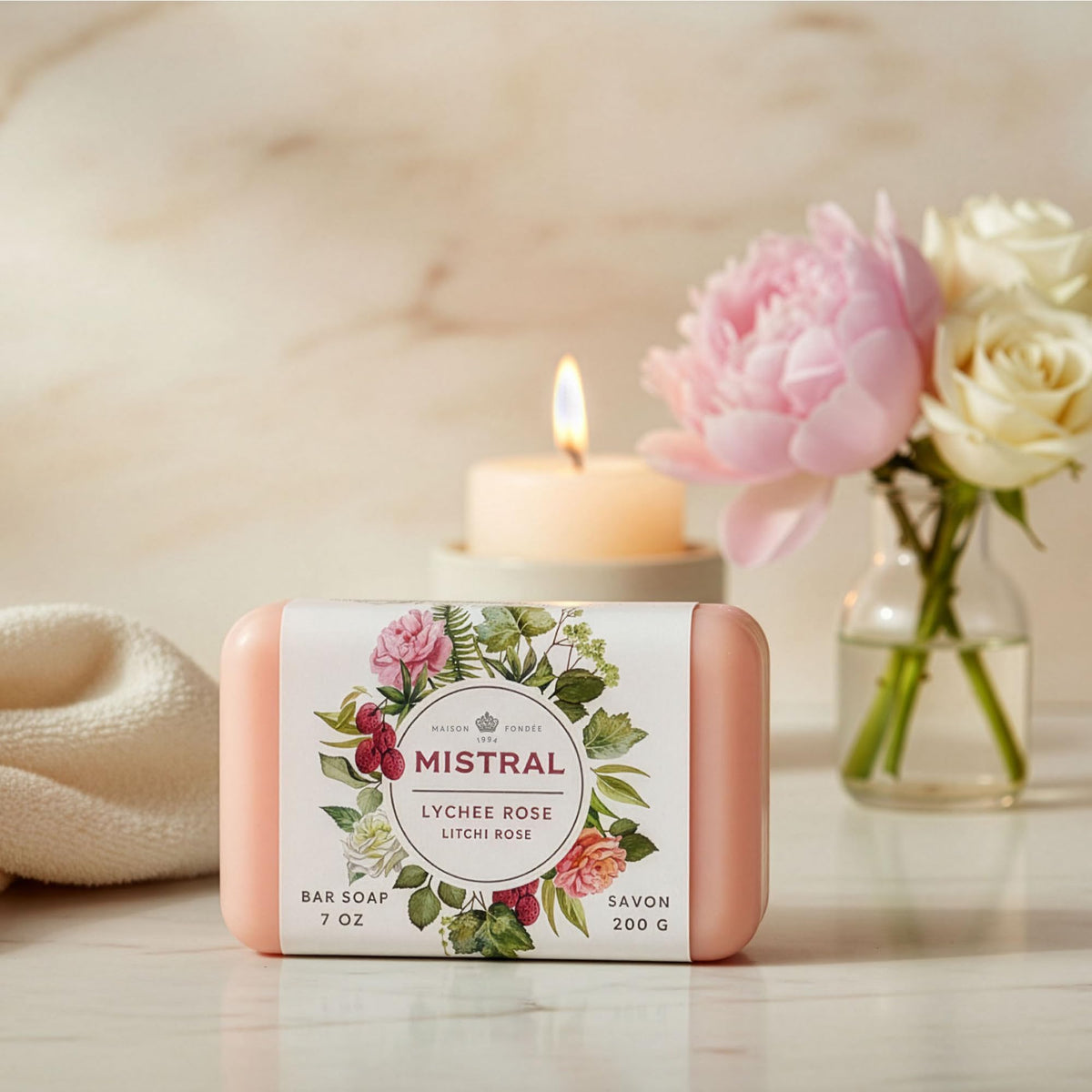 Mistral Lychee Rose displayed in bathroom setting conveying luxury gift and ambiance