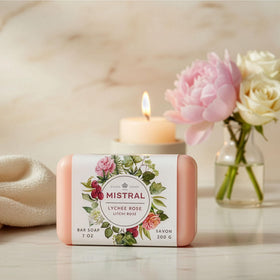 Mistral Lychee Rose displayed in bathroom setting conveying luxury gift and ambiance