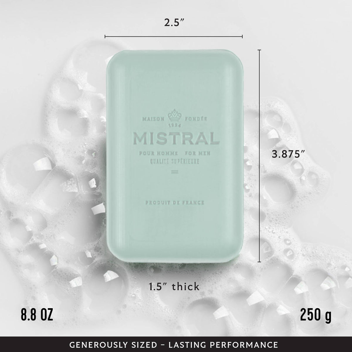 Mistral soap held in hand demonstrating size and long-lasting feel