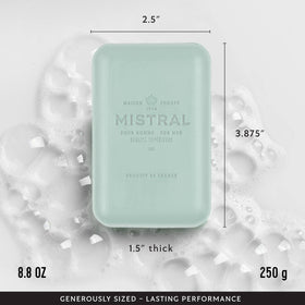 Mistral soap held in hand demonstrating size and long-lasting feel