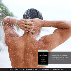 Mistral bar in modern shower scene conveying refreshing coastal scent