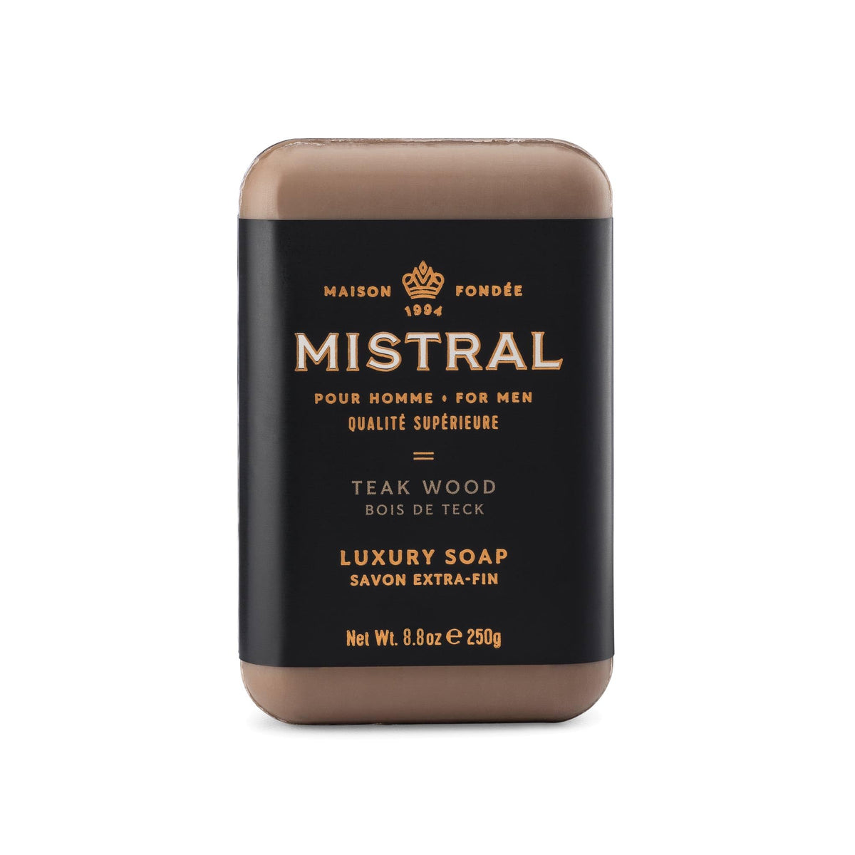 Mistral teak wood front packaging showing luxury bar and scent
