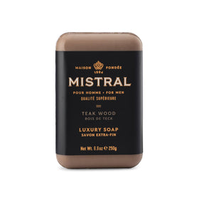 Mistral teak wood front packaging showing luxury bar and scent