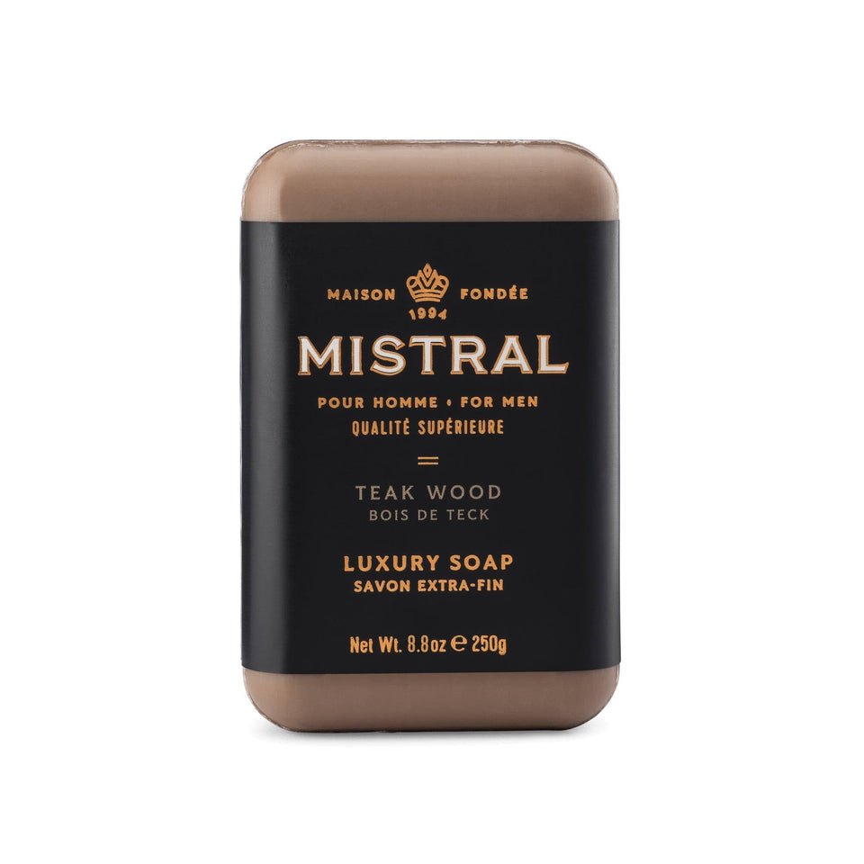 Mistral teak wood front packaging showing luxury bar and scent