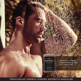 Mistral teak wood bar staged in bathroom, elevates daily grooming