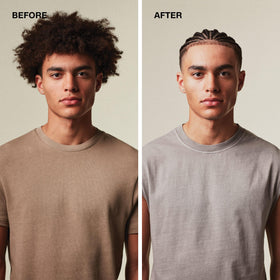 Curly hair before and after MITCH pomade showing reduced frizz