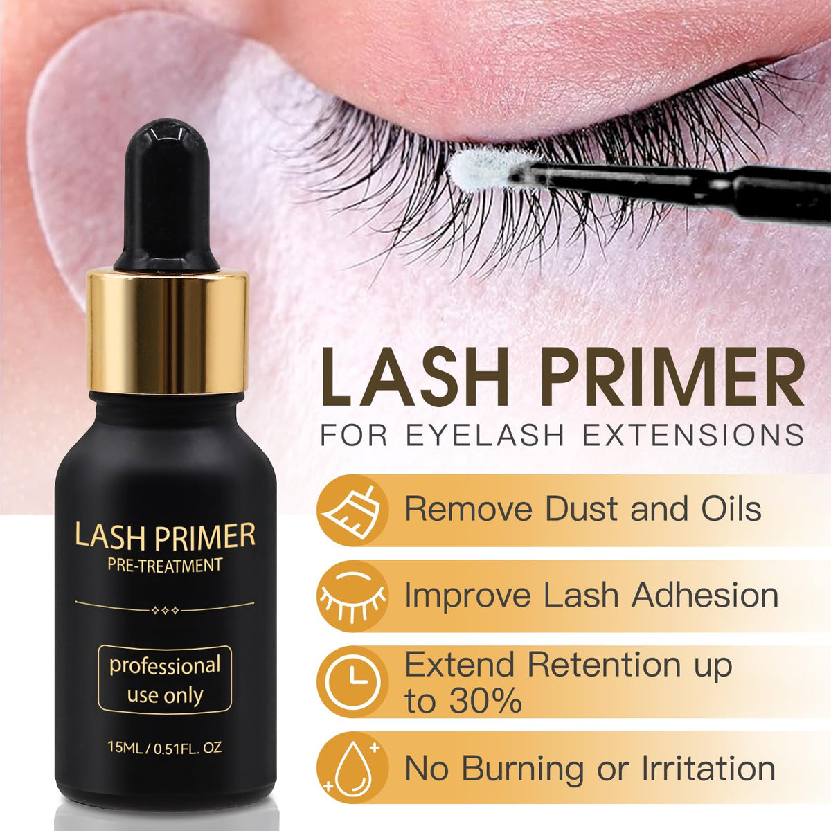 Miuffue primer dropper detail showing precise application and oil‑removing benefit