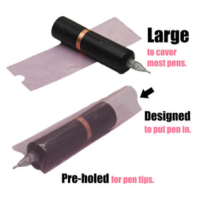 Miuxia pen cover installed on tattoo machine demonstrating contamination protection