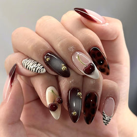 Mivota front packaging showcasing 24-piece almond press on nails and patterns