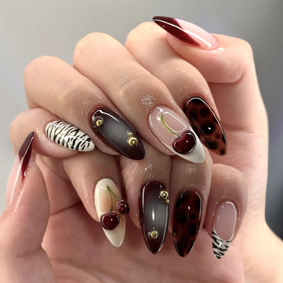 Mivota front packaging showcasing 24-piece almond press on nails and patterns