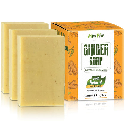 Miw Piw ginger soap front packaging shows triple-bar value and natural benefits
